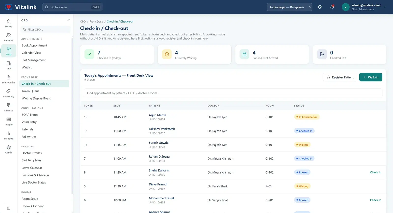 Vitalink check-in / check-out screen with counts of checked in, waiting, booked and checked out patients and today's appointments listed by token, slot, patient, doctor, room and status.