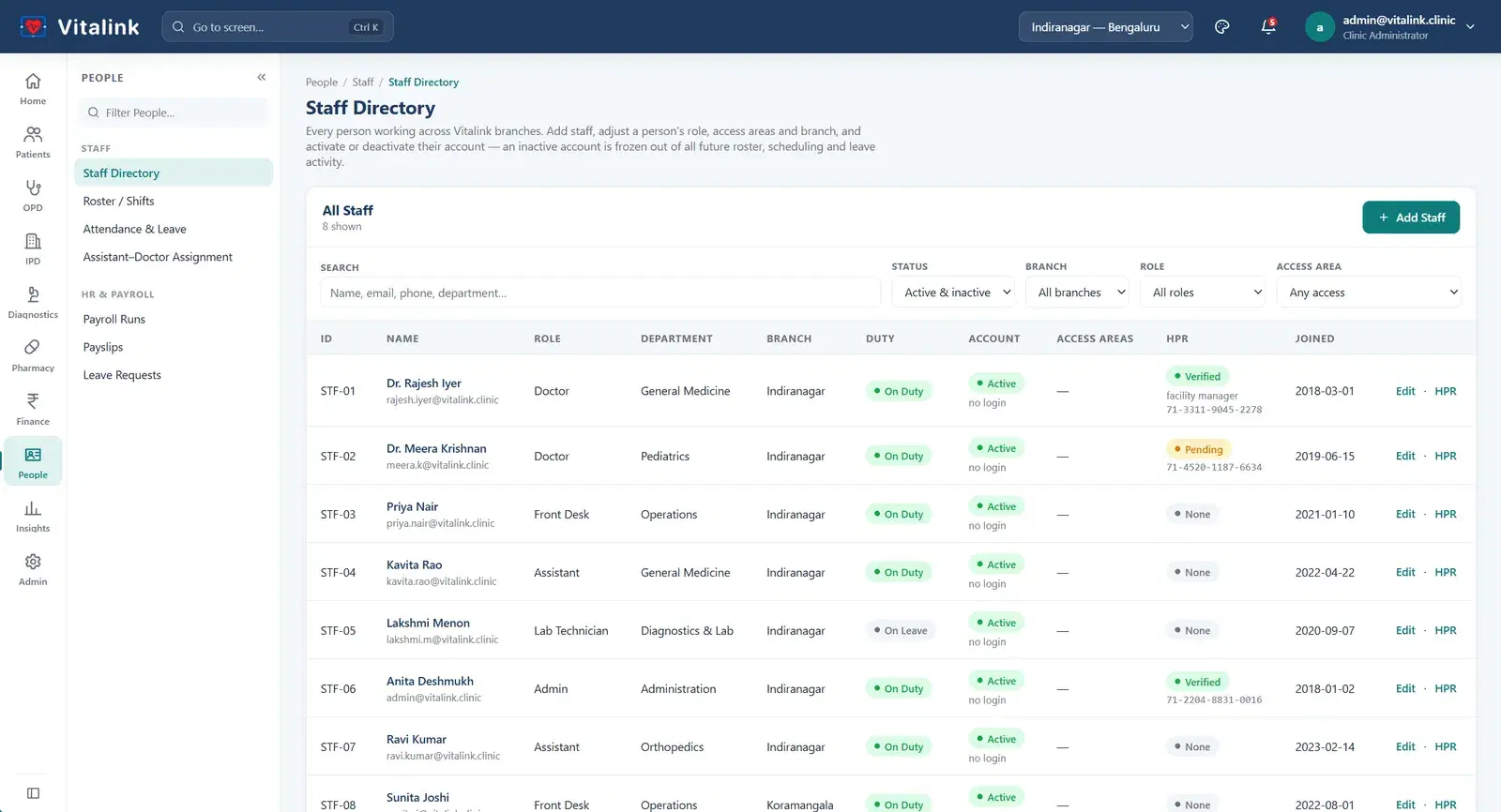 Vitalink staff directory listing staff with role, department, branch, duty status, account status, access areas, HPR ID and joining date.